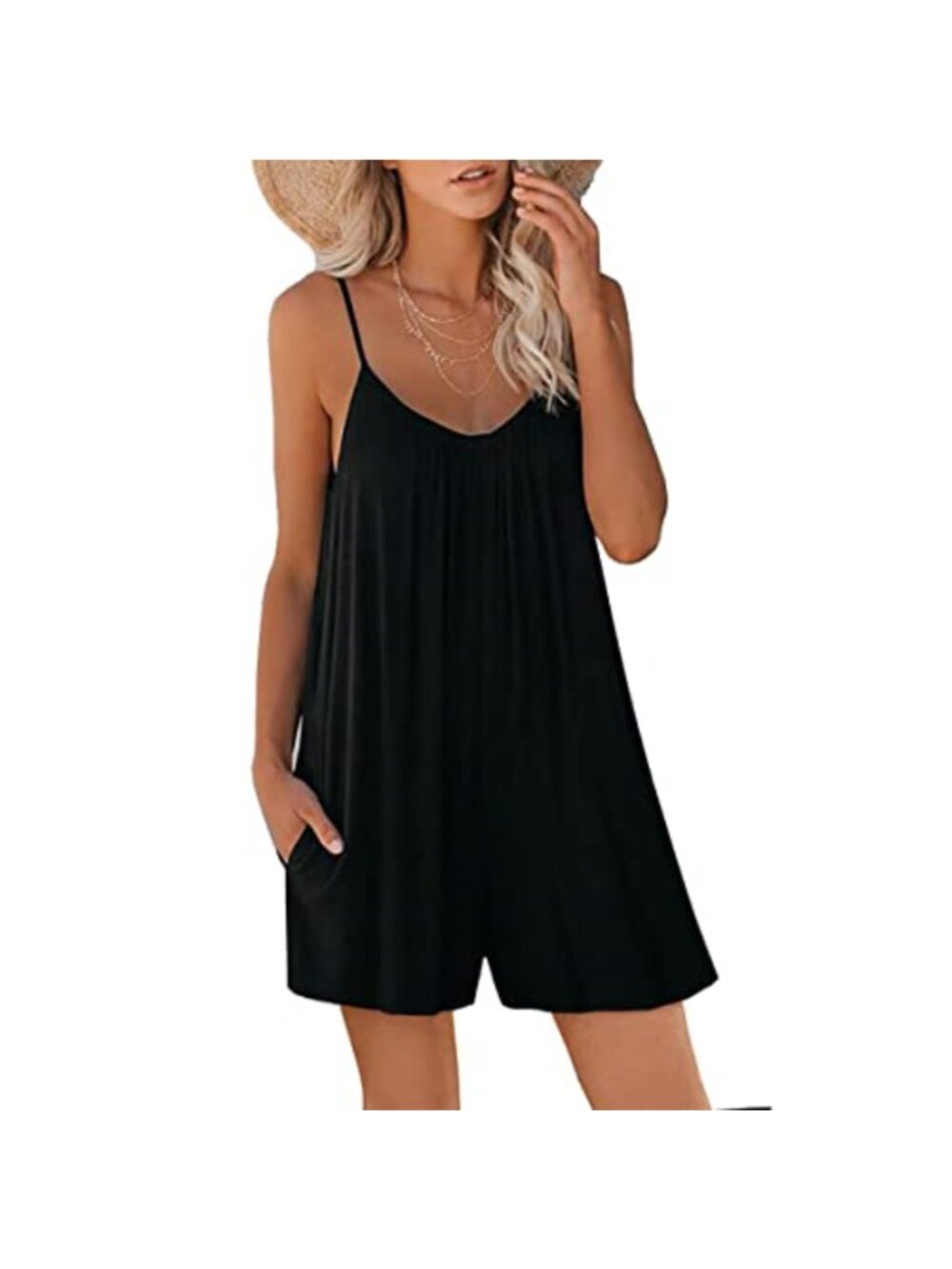 Sleeveless V-Neck Romper with Pockets Adjustable Straps Loose Fit